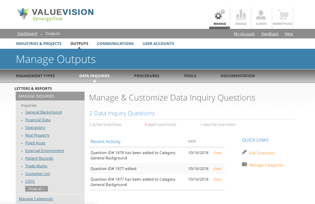 Screenshot of ValueVision SynergyFlow Management Screen